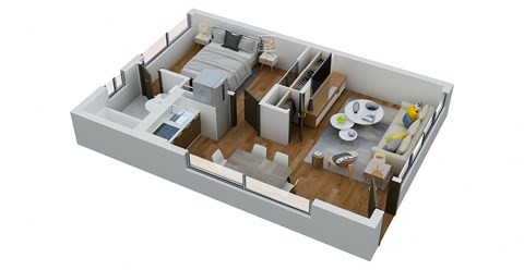 a 3d rendering of a bedroom with a kitchen and a living room